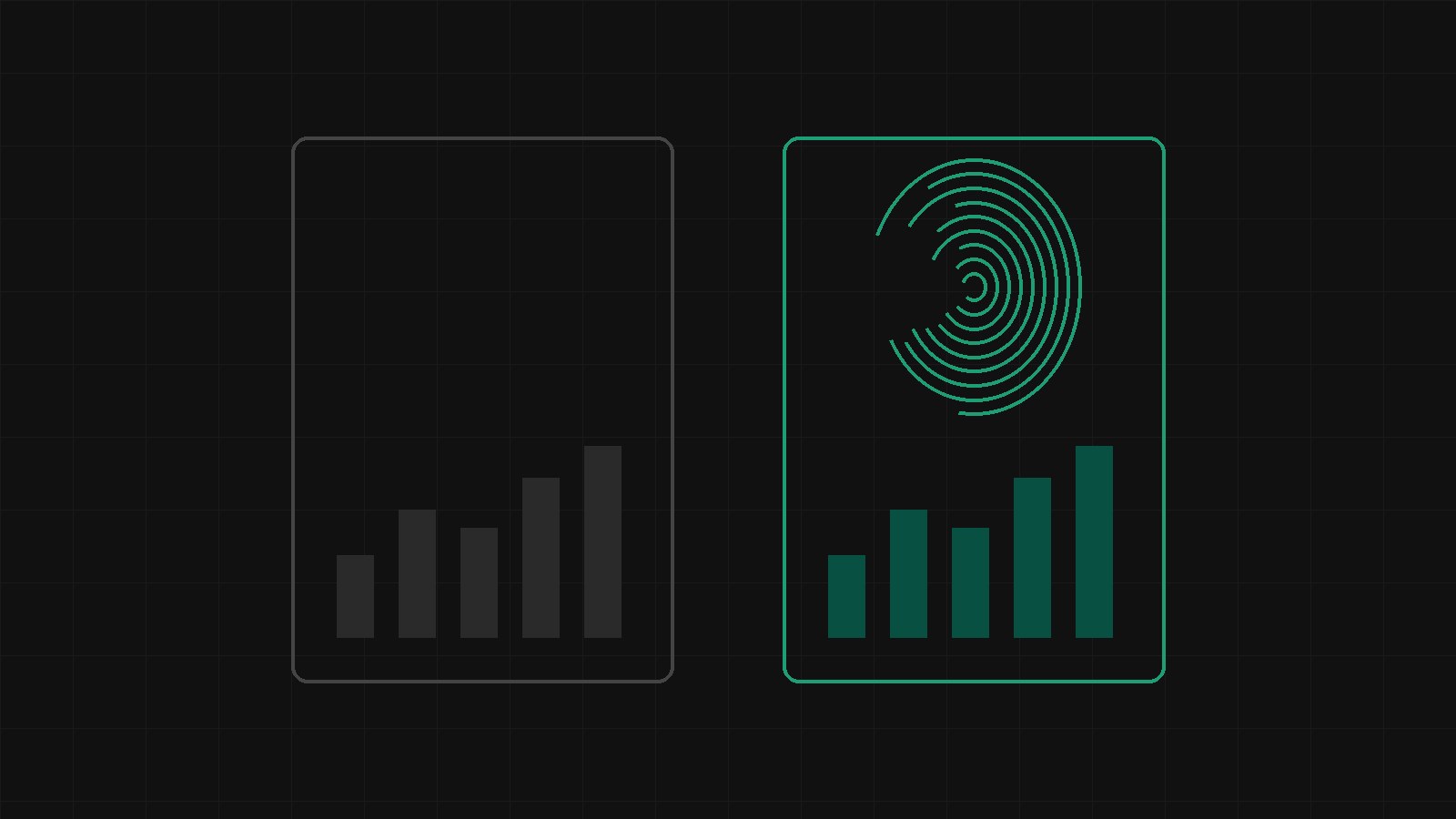 Two identical company charts side by side, one marked with a teal fingerprint
